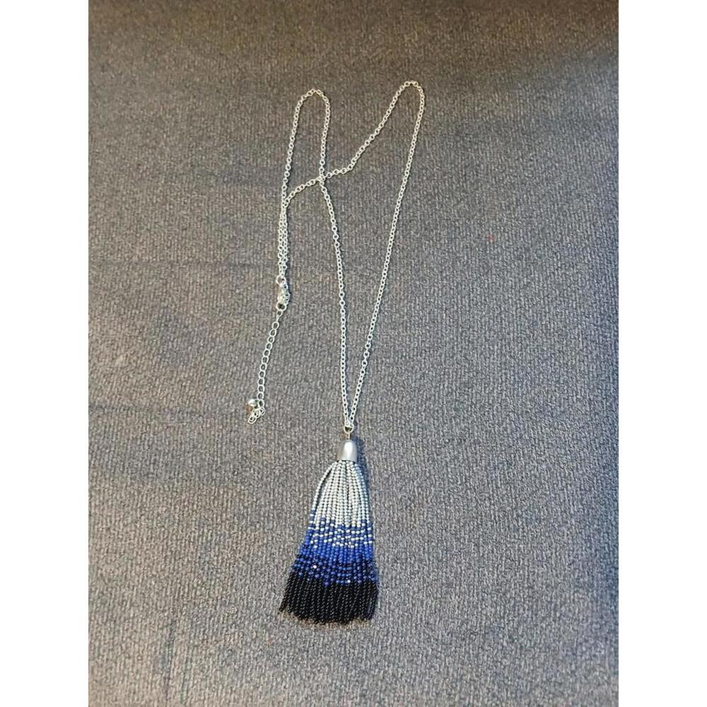 Tassel Light Silver and Blue and Black Ombre Necklace 28-30"